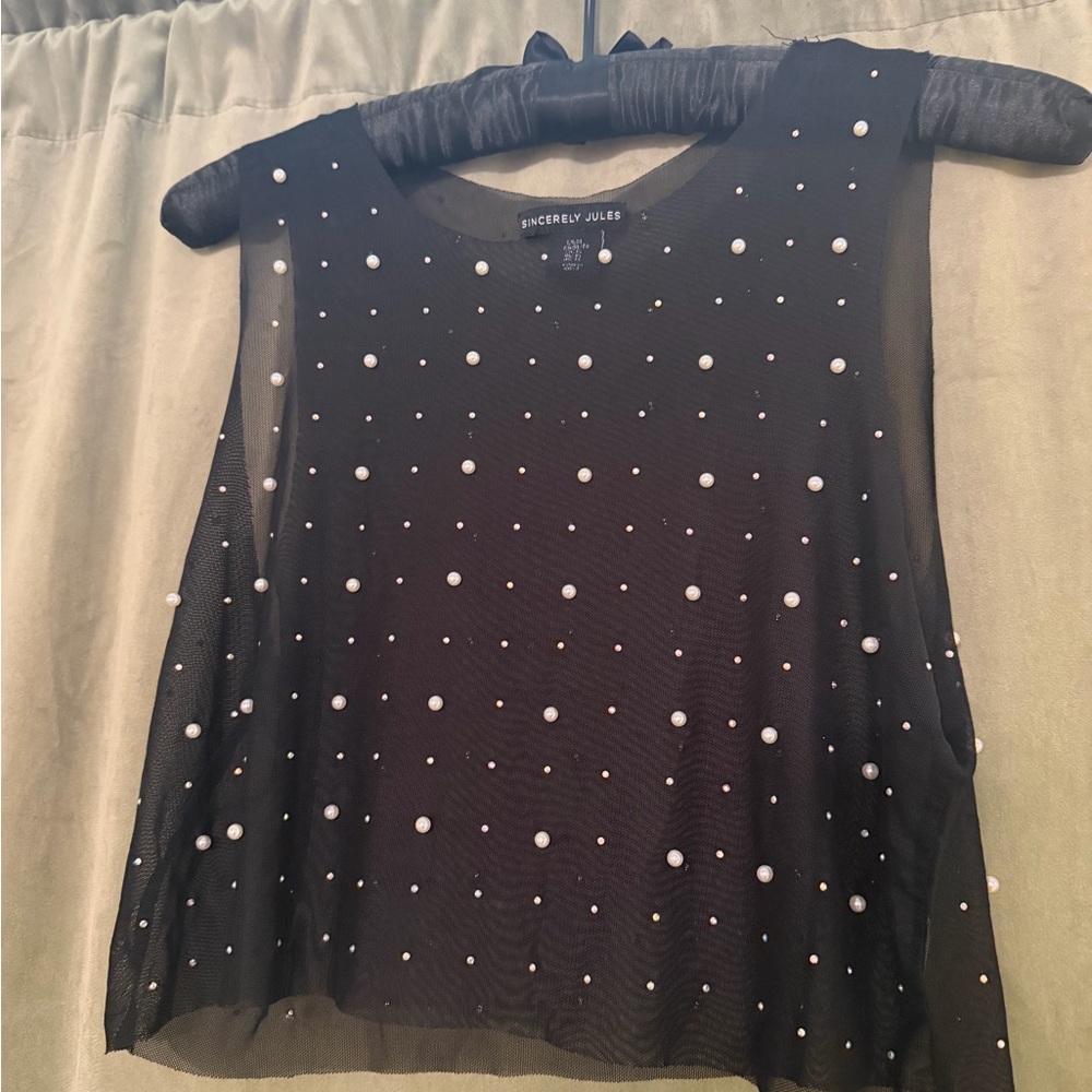 Sincerely Jules Black Mesh Top with Pearl Details